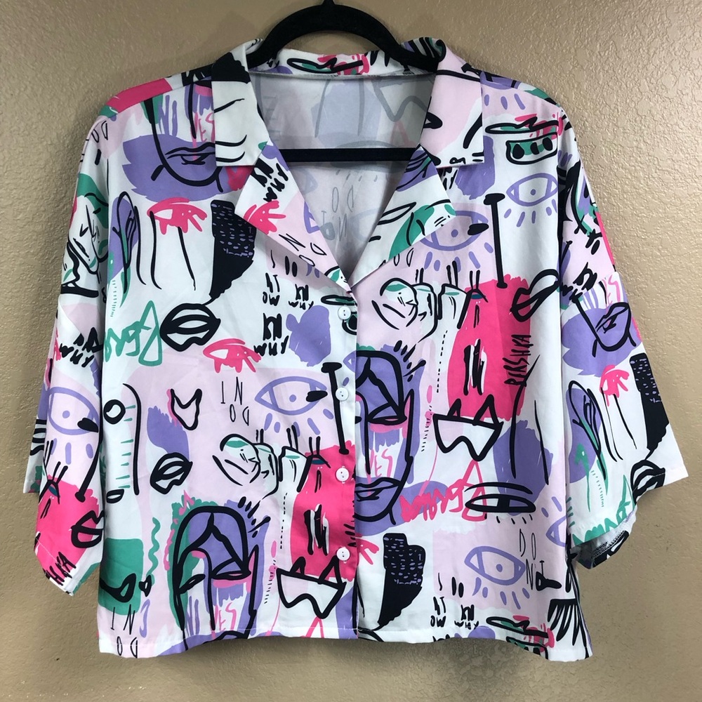 Abstract 80’s Print Boxy Button Front Crop Top. - image 1